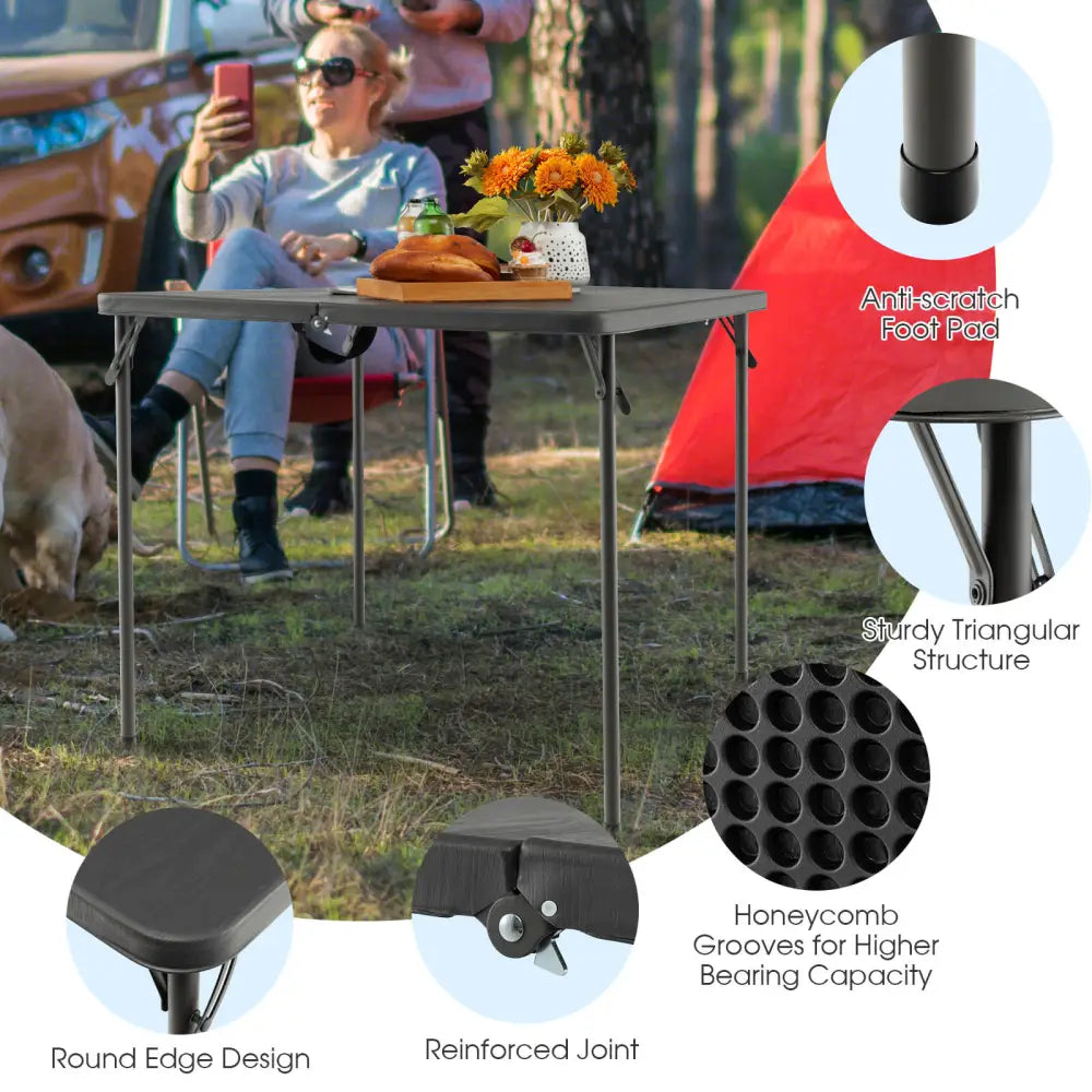 Folding Camping Table with All-Weather HDPE Tabletop and Rustproof Steel Frame-Gray - Gray - Camping Furniture
