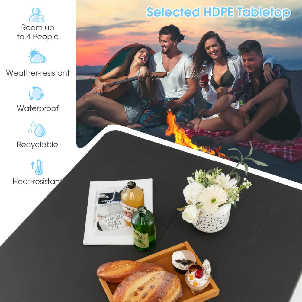 Folding Camping Table with All-Weather HDPE Tabletop and Rustproof Steel Frame-Gray - Gray - Camping Furniture