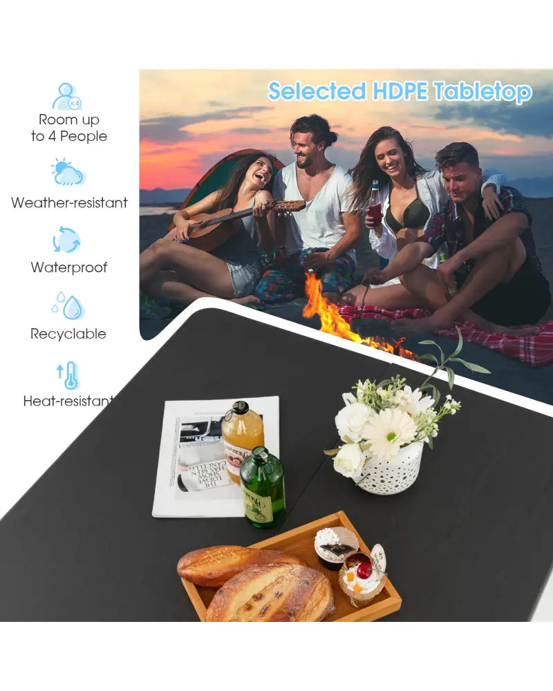 Folding Camping Table with All-Weather HDPE Tabletop and Rustproof Steel Frame-Gray - Gray - Camping Furniture