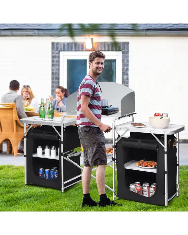 Folding Camping Table with Storage Organizer-Black - Black - Camping Furniture