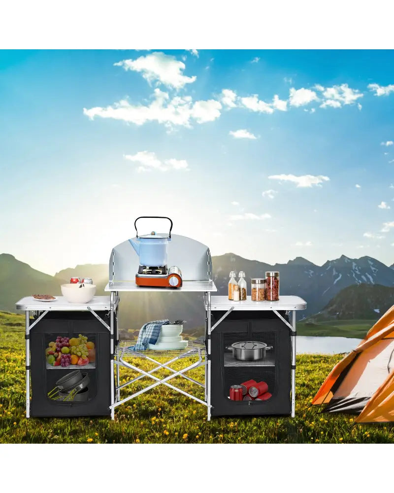 Folding Camping Table with Storage Organizer-Black - Black - Camping Furniture