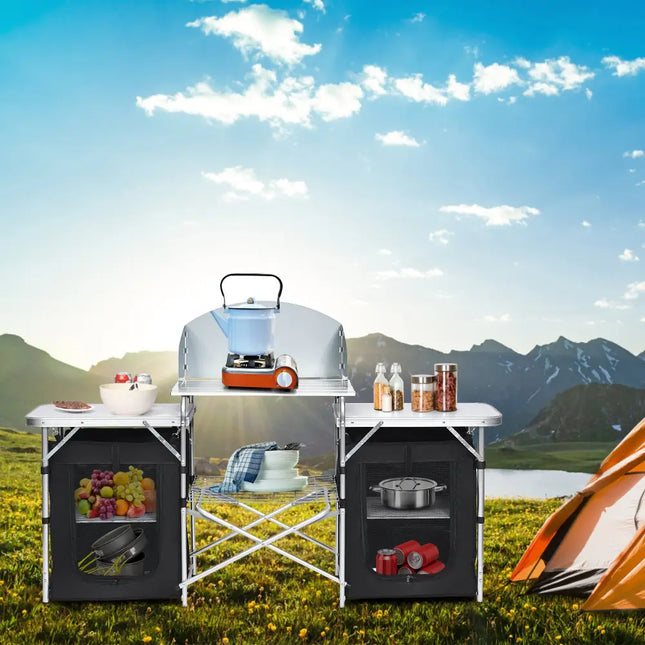 Folding Camping Table with Storage Organizer-Black - Black - Camping Furniture