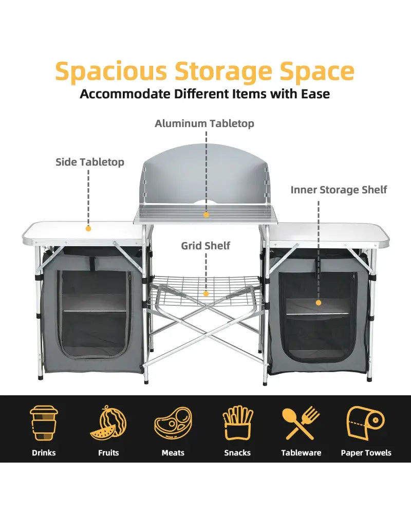 Folding Camping Table with Storage Organizer-Gray - Gray - Camping Furniture