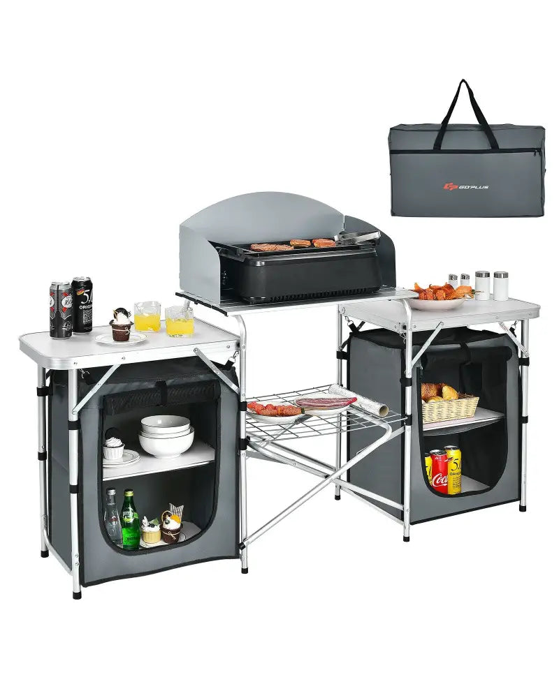 Folding Camping Table with Storage Organizer-Gray - Gray - Camping Furniture