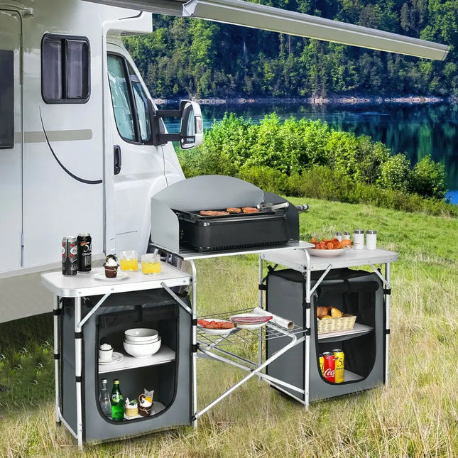 Folding Camping Table with Storage Organizer-Gray - Gray - Camping Furniture