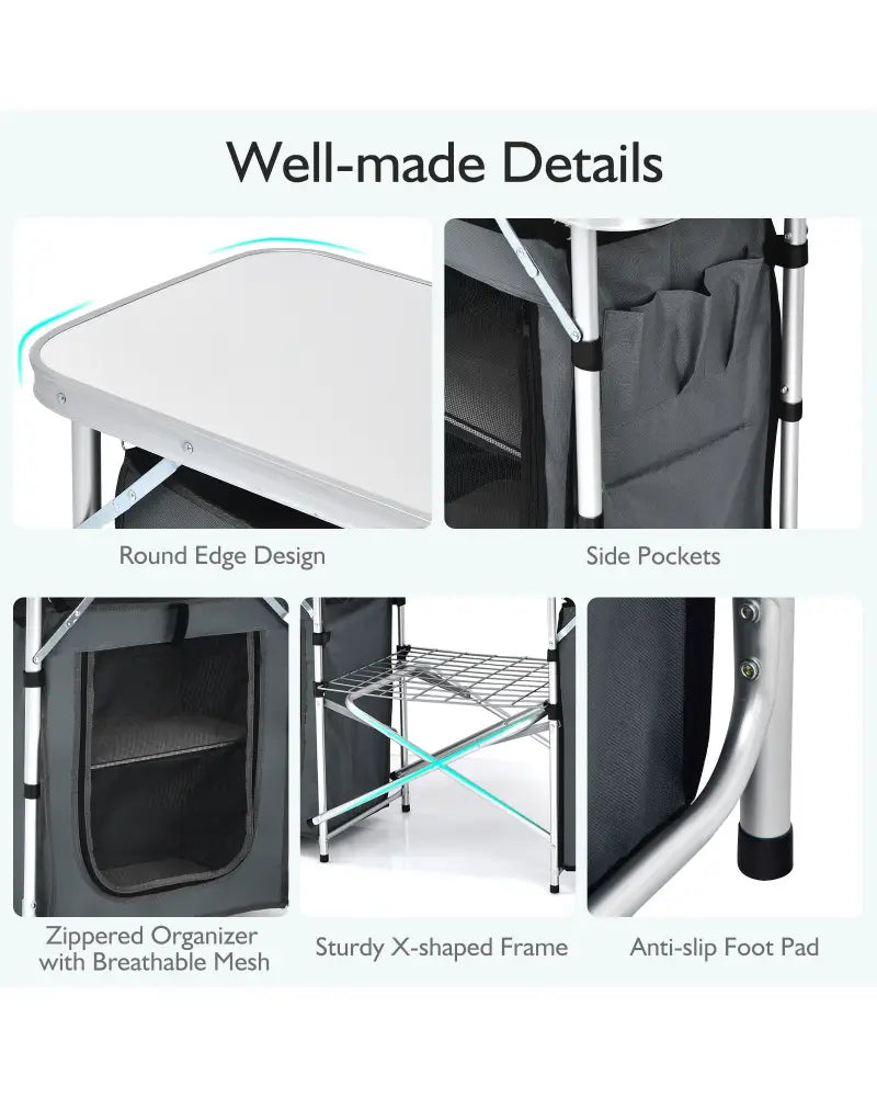 Folding Camping Table with Storage Organizer-Gray - Gray - Camping Furniture