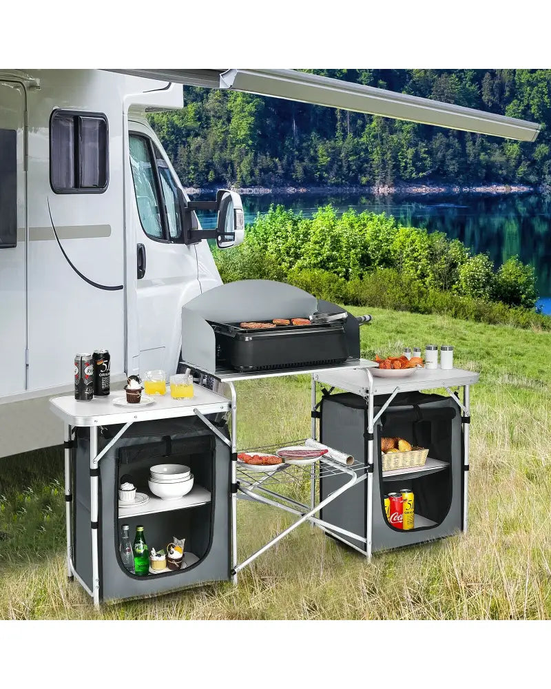 Folding Camping Table with Storage Organizer-Gray - Gray - Camping Furniture