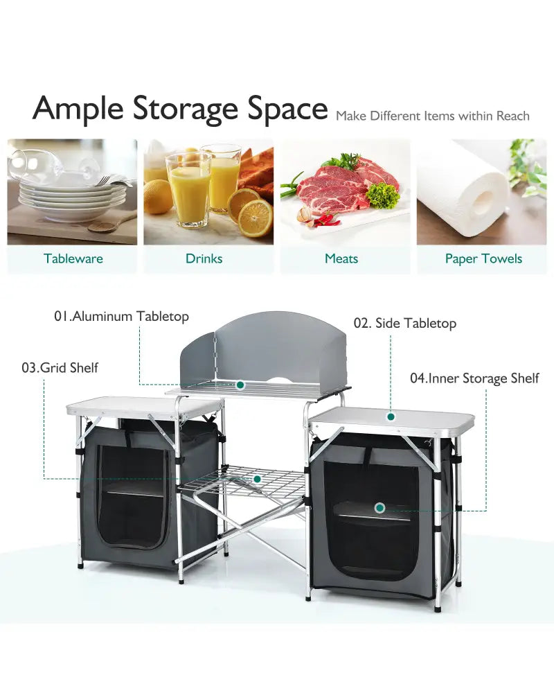 Folding Camping Table with Storage Organizer-Gray - Gray - Camping Furniture