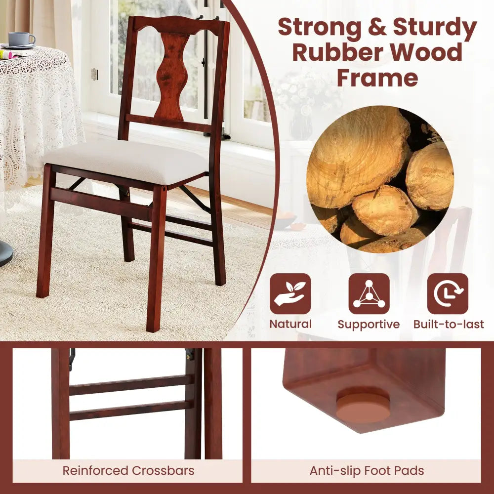Folding Chairs Set of 2 Upholstered Dining Chairs with Comfy Padded Seats-Brown - Beige - Dining Chairs