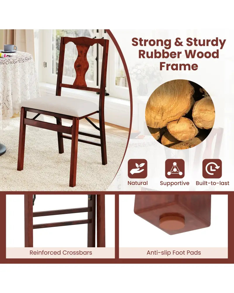 Folding Chairs Set of 2 Upholstered Dining Chairs with Comfy Padded Seats-Brown - Beige - Dining Chairs