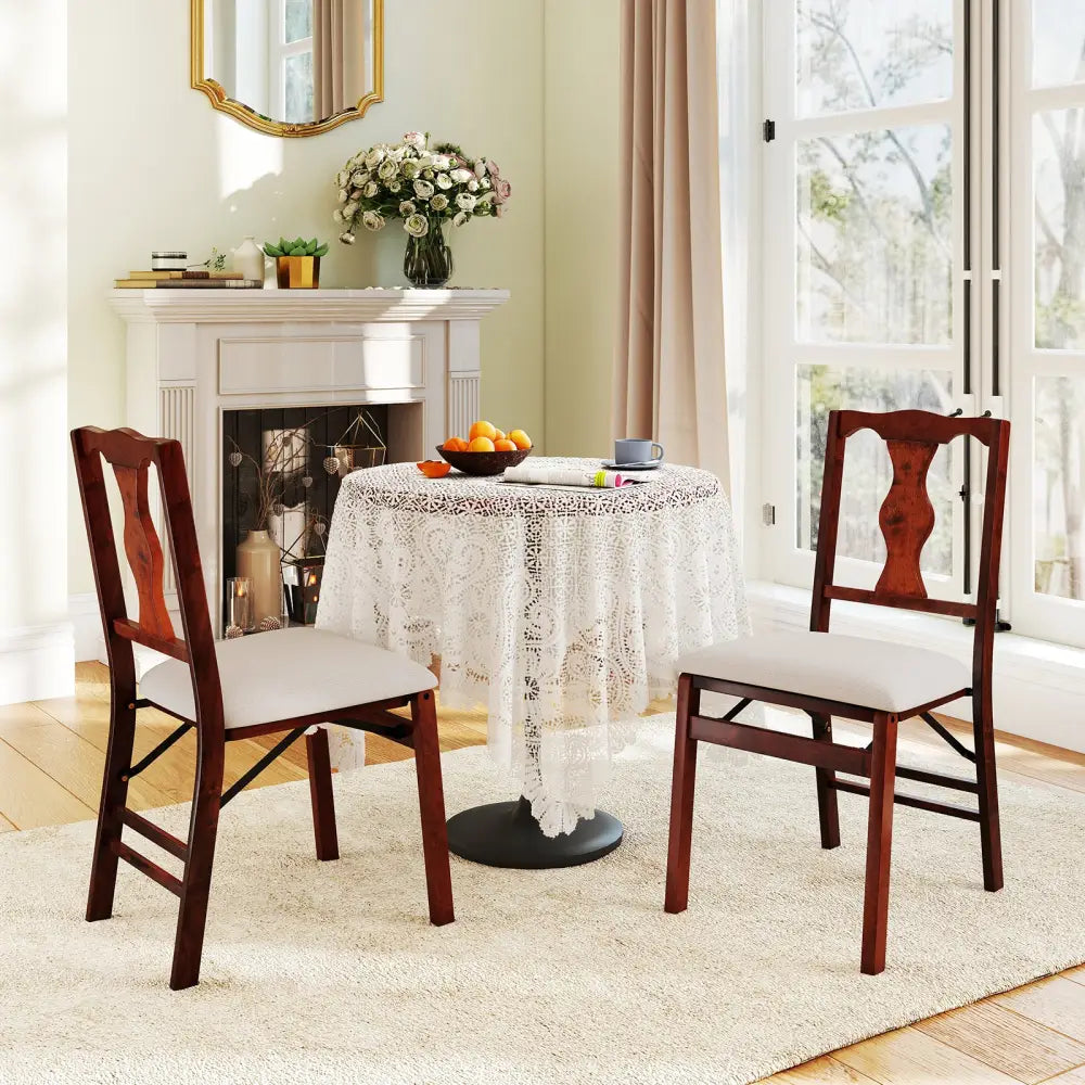 Folding Chairs Set of 2 Upholstered Dining Chairs with Comfy Padded Seats-Brown - Beige - Dining Chairs