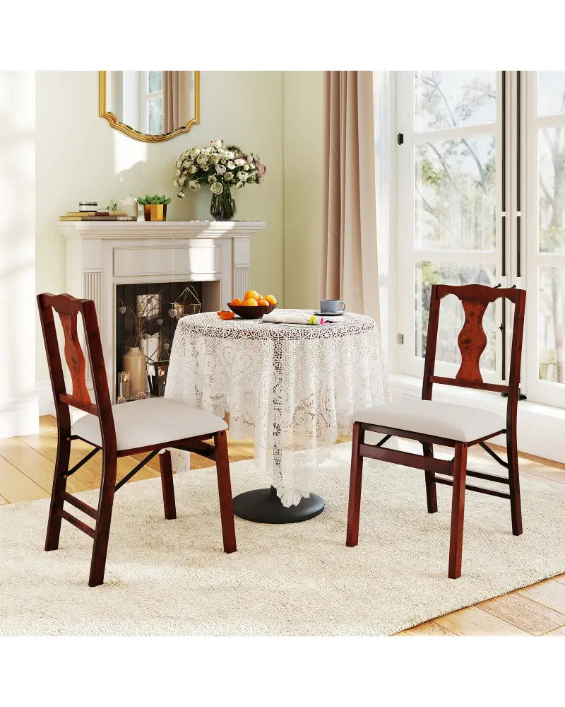 Folding Chairs Set of 2 Upholstered Dining Chairs with Comfy Padded Seats-Brown - Beige - Dining Chairs