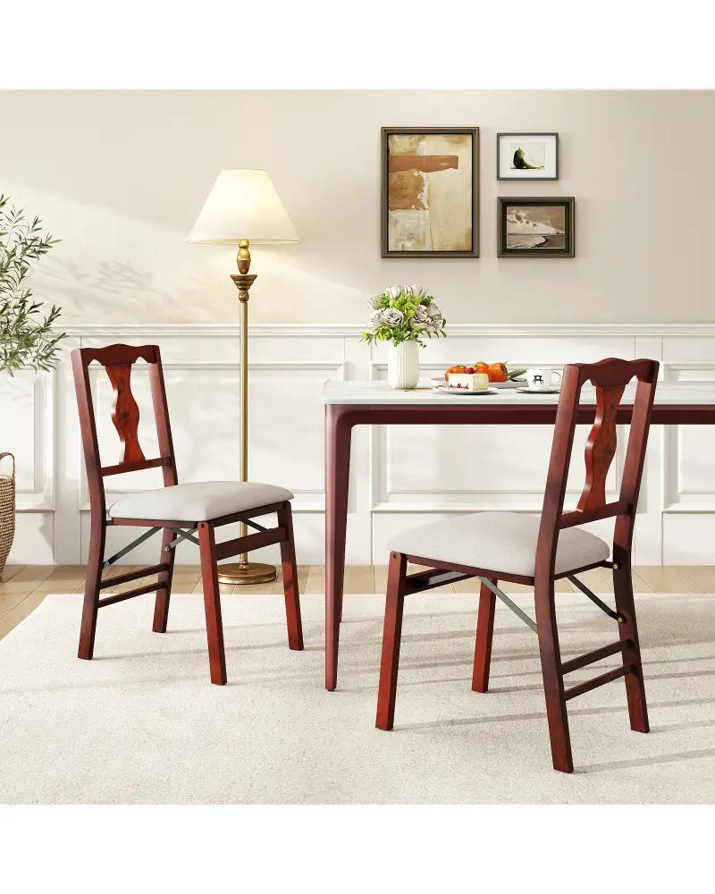 Folding Chairs Set of 2 Upholstered Dining Chairs with Comfy Padded Seats-Brown - Beige - Dining Chairs