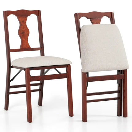 Folding Chairs Set of 2 Upholstered Dining Chairs with Comfy Padded Seats-Brown - Beige - Dining Chairs
