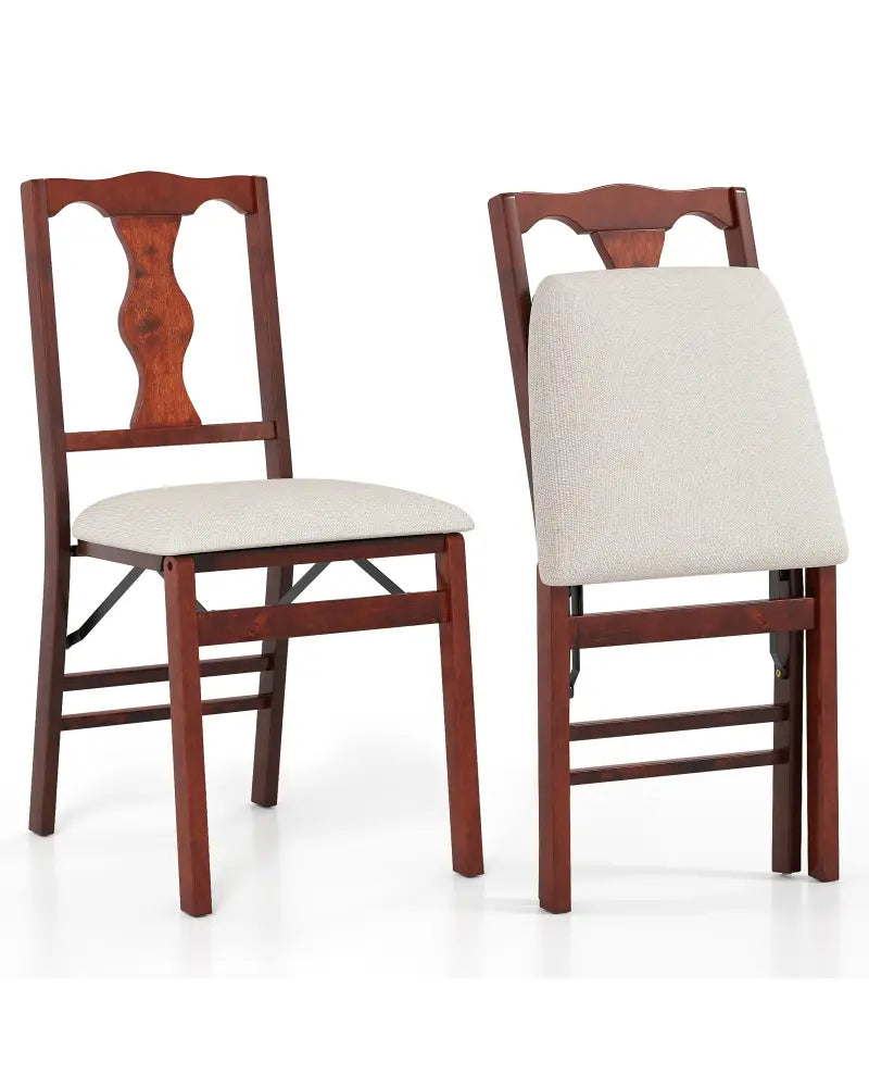 Folding Chairs Set of 2 Upholstered Dining Chairs with Comfy Padded Seats-Brown - Beige - Dining Chairs