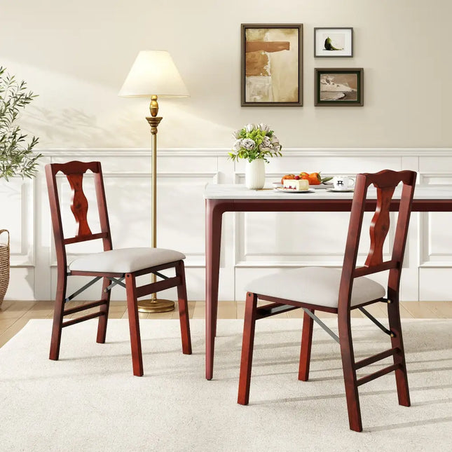 Folding Chairs Set of 2 Upholstered Dining Chairs with Comfy Padded Seats-Brown - Beige - Dining Chairs