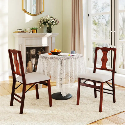 Folding Chairs Set of 2 Upholstered Dining Chairs with Comfy Padded Seats-Brown - Beige - Dining Chairs