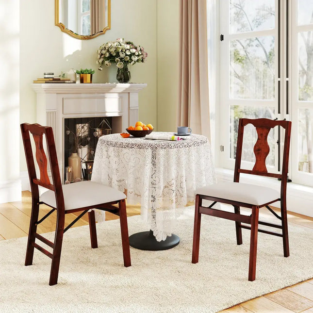 Folding Chairs Set of 2 Upholstered Dining Chairs with Comfy Padded Seats-Brown - Beige - Dining Chairs