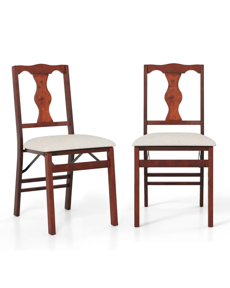 Folding Chairs Set of 2 Upholstered Dining Chairs with Comfy Padded Seats-Brown - Beige - Dining Chairs