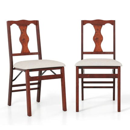 Folding Chairs Set of 2 Upholstered Dining Chairs with Comfy Padded Seats-Brown - Beige - Dining Chairs