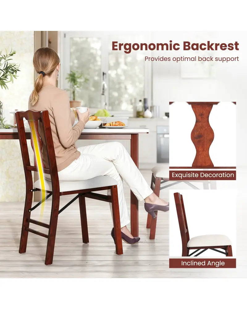 Folding Chairs Set of 2 Upholstered Dining Chairs with Comfy Padded Seats-Brown - Beige - Dining Chairs