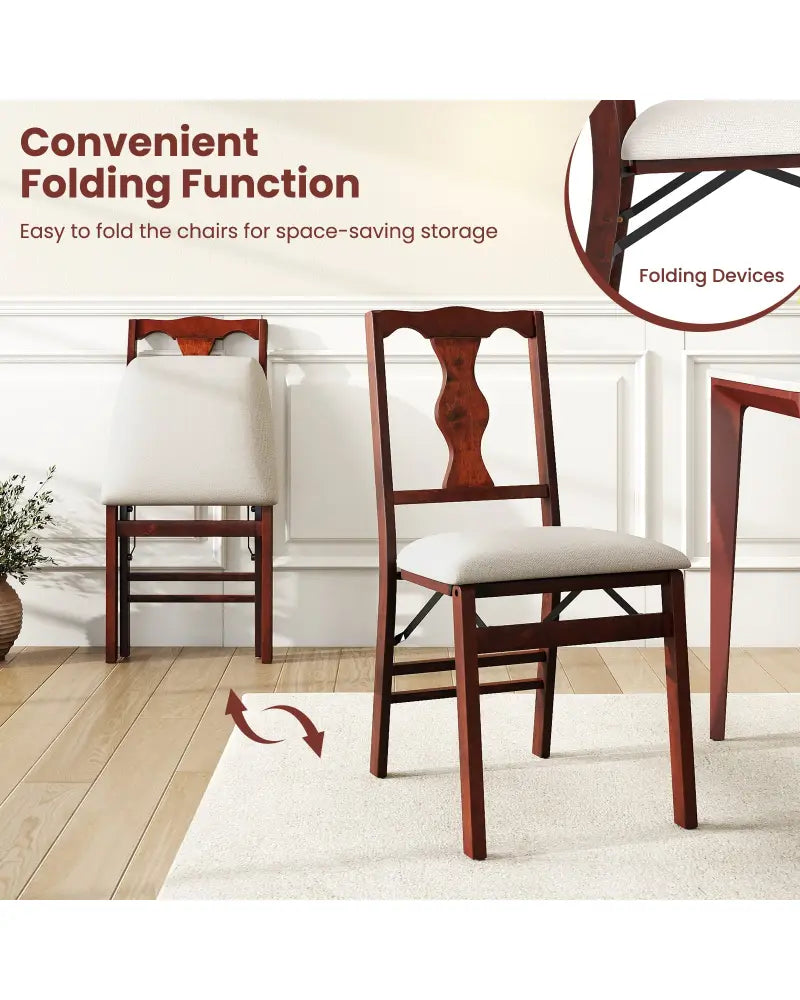 Folding Chairs Set of 2 Upholstered Dining Chairs with Comfy Padded Seats-Brown - Beige - Dining Chairs