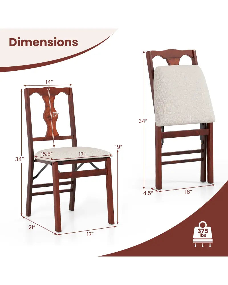 Folding Chairs Set of 2 Upholstered Dining Chairs with Comfy Padded Seats-Brown - Beige - Dining Chairs