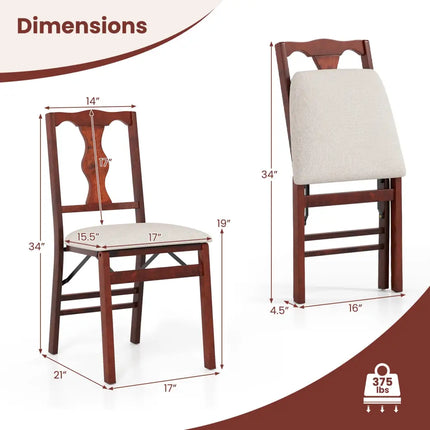 Folding Chairs Set of 2 Upholstered Dining Chairs with Comfy Padded Seats-Brown - Beige - Dining Chairs