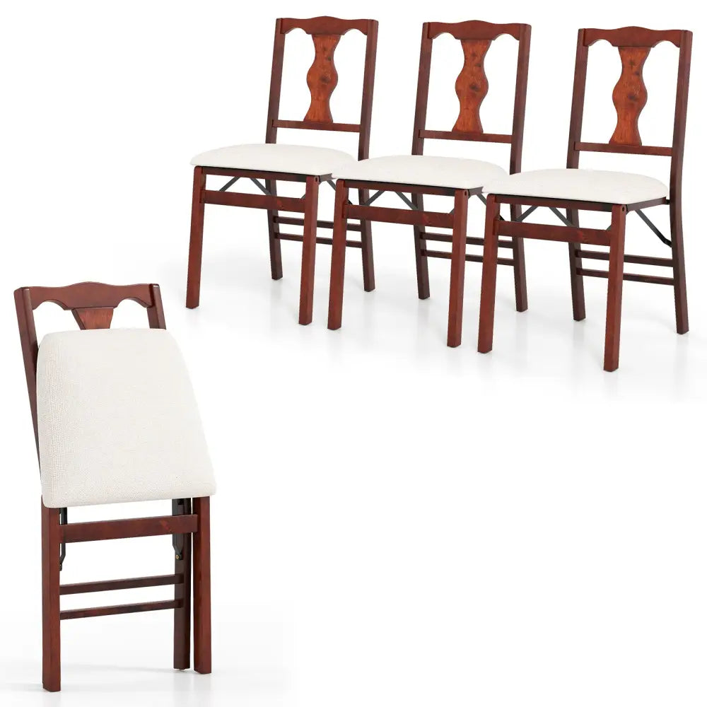 Folding Chairs Set of 4 Upholstered Dining Chairs with Comfy Padded Seats-Brown - Beige - Dining Chairs