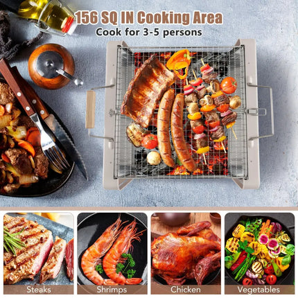 Folding Charcoal BBQ Grill with Dishwasher-safe Grill Grids and Charcoal Box-Beige - Beige - Outdoor Grills