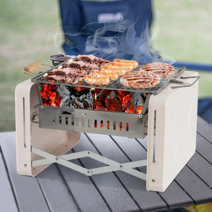 Folding Charcoal BBQ Grill with Dishwasher-safe Grill Grids and Charcoal Box-Beige - Beige - Outdoor Grills