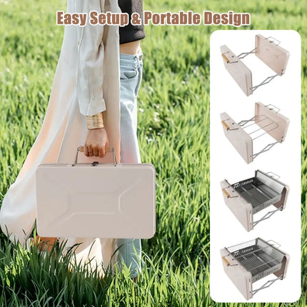 Folding Charcoal BBQ Grill with Dishwasher-safe Grill Grids and Charcoal Box-Beige - Beige - Outdoor Grills
