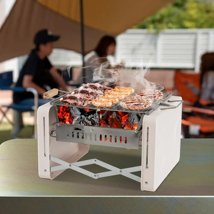 Folding Charcoal BBQ Grill with Dishwasher-safe Grill Grids and Charcoal Box-Beige - Beige - Outdoor Grills
