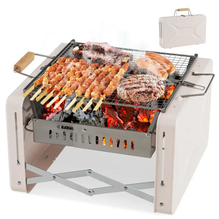 Folding Charcoal BBQ Grill with Dishwasher-safe Grill Grids and Charcoal Box-Beige - Beige - Outdoor Grills