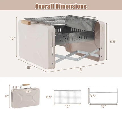 Folding Charcoal BBQ Grill with Dishwasher-safe Grill Grids and Charcoal Box-Beige - Beige - Outdoor Grills
