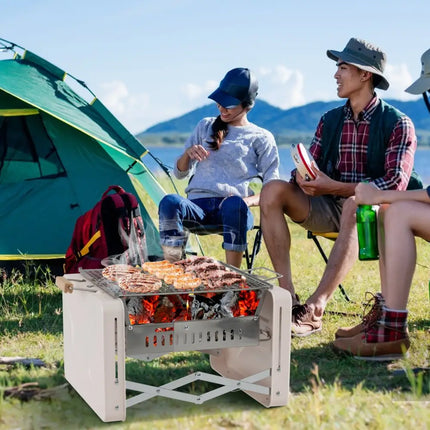 Folding Charcoal BBQ Grill with Dishwasher-safe Grill Grids and Charcoal Box-Beige - Beige - Outdoor Grills