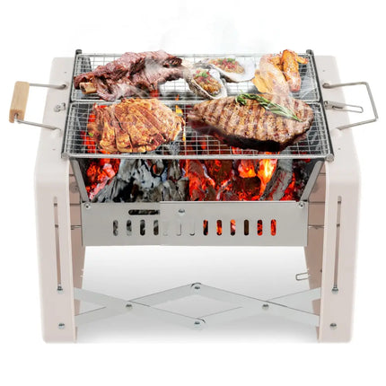 Folding Charcoal BBQ Grill with Dishwasher-safe Grill Grids and Charcoal Box-Beige - Beige - Outdoor Grills