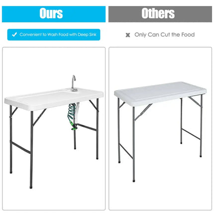 Folding Cleaning Sink Faucet Cutting Camping Table with Sprayer - White - Camping Furniture
