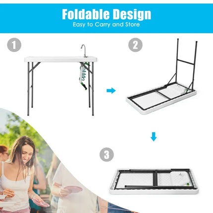 Folding Cleaning Sink Faucet Cutting Camping Table with Sprayer - White - Camping Furniture
