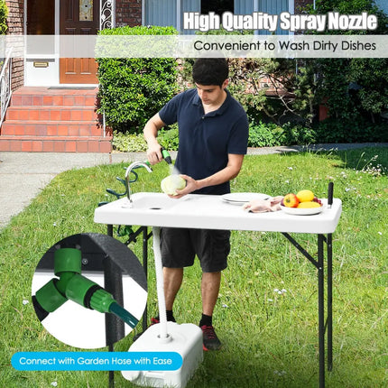 Folding Cleaning Sink Faucet Cutting Camping Table with Sprayer - White - Camping Furniture