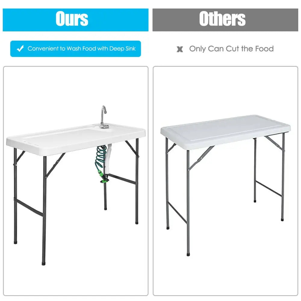 Folding Cleaning Sink Faucet Cutting Camping Table with Sprayer - White - Camping Furniture