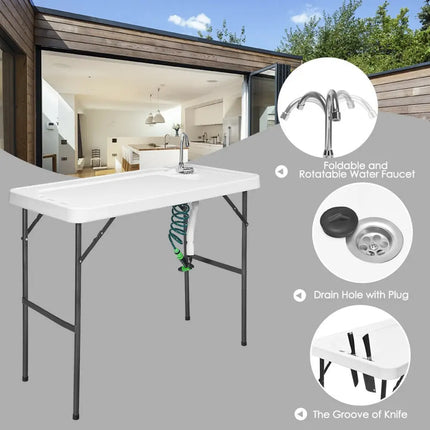 Folding Cleaning Sink Faucet Cutting Camping Table with Sprayer - White - Camping Furniture