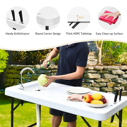 Folding Cleaning Sink Faucet Cutting Camping Table with Sprayer - White - Camping Furniture