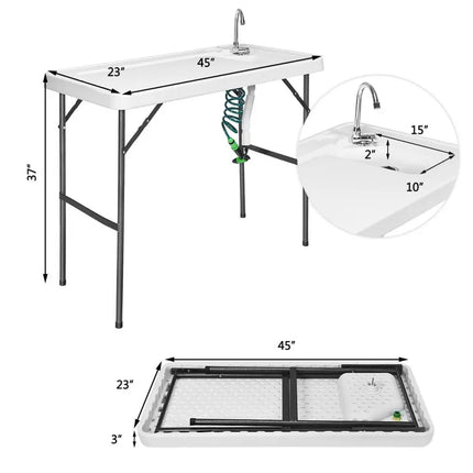 Folding Cleaning Sink Faucet Cutting Camping Table with Sprayer - White - Camping Furniture