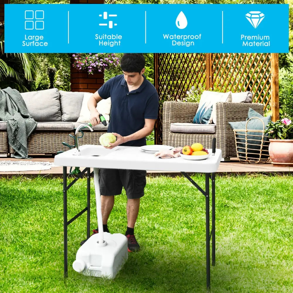 Folding Cleaning Sink Faucet Cutting Camping Table with Sprayer - White - Camping Furniture