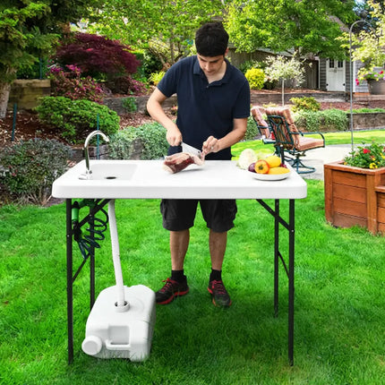 Folding Cleaning Sink Faucet Cutting Camping Table with Sprayer - White - Camping Furniture