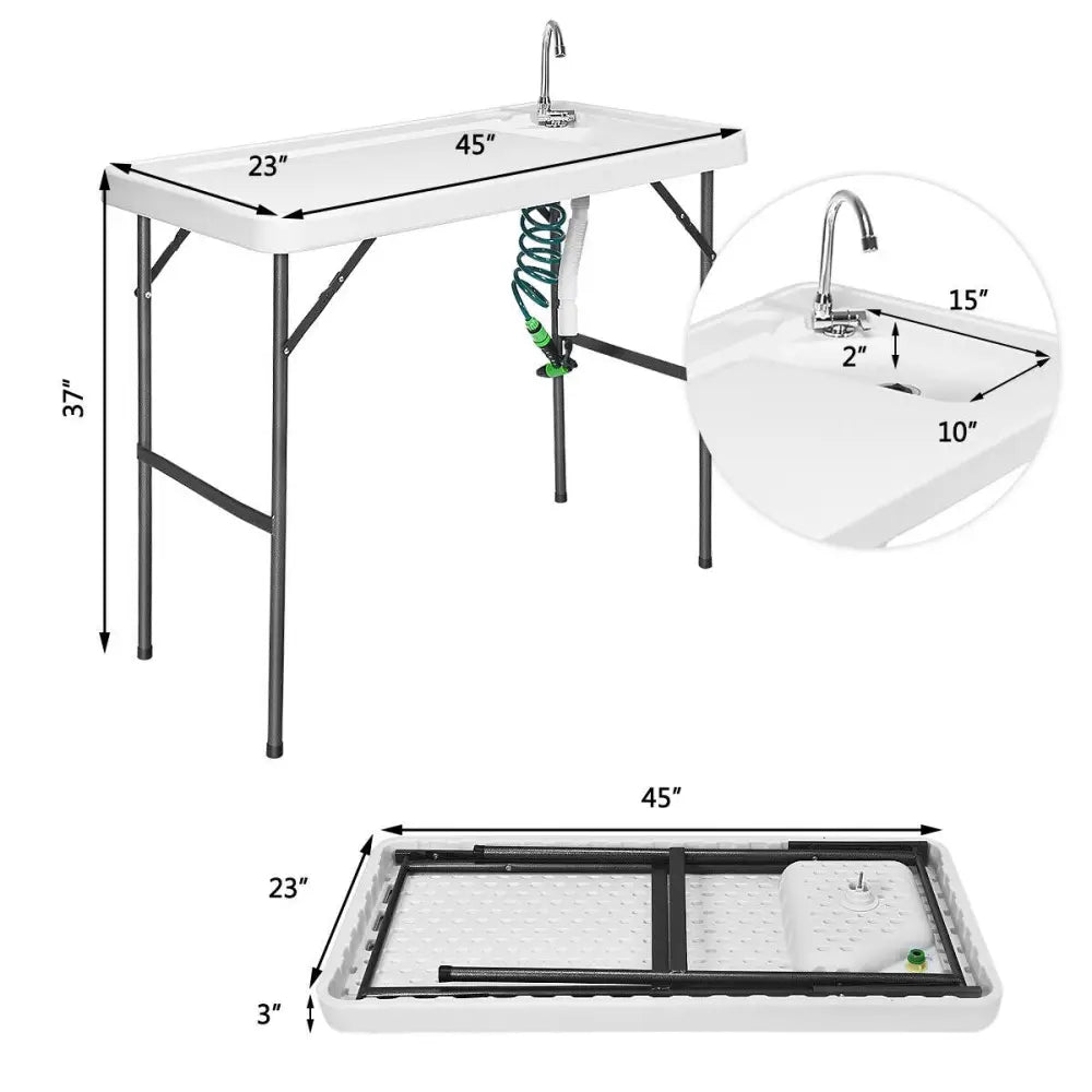 Folding Cleaning Sink Faucet Cutting Camping Table with Sprayer - White - Camping Furniture