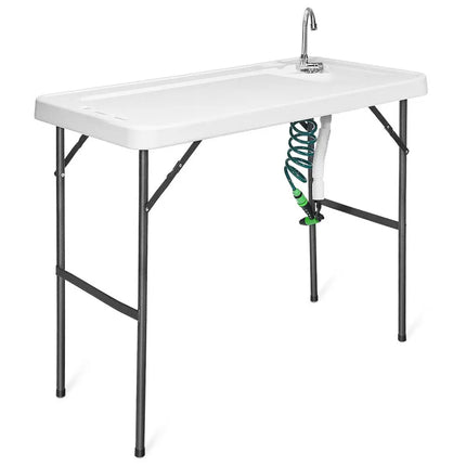 Folding Cleaning Sink Faucet Cutting Camping Table with Sprayer - White - Camping Furniture