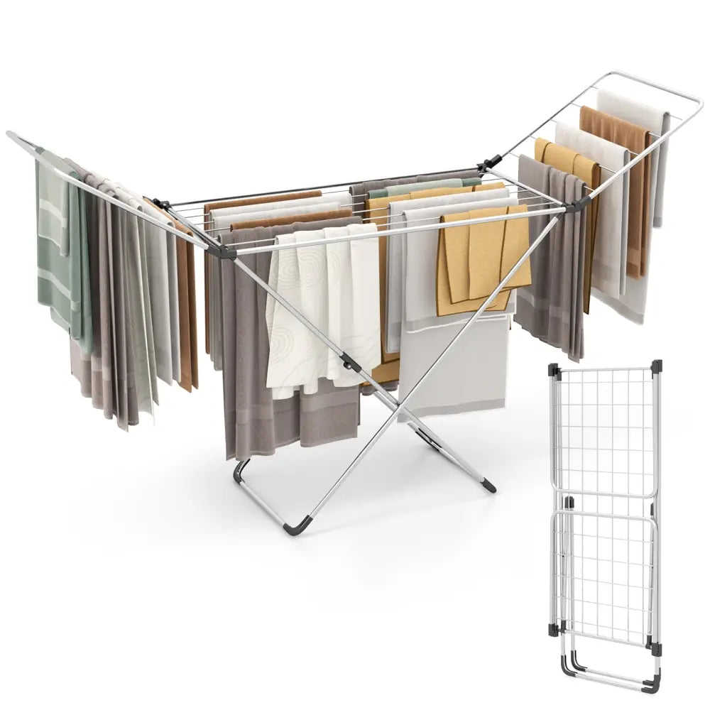 Folding Clothes Drying Rack with Adjustable Wings for Indoor and Outdoor Use - Silver - Drying Racks