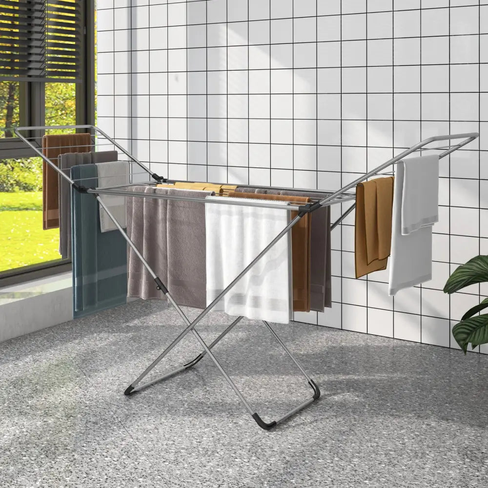 Folding Clothes Drying Rack with Adjustable Wings for Indoor and Outdoor Use - Silver - Drying Racks
